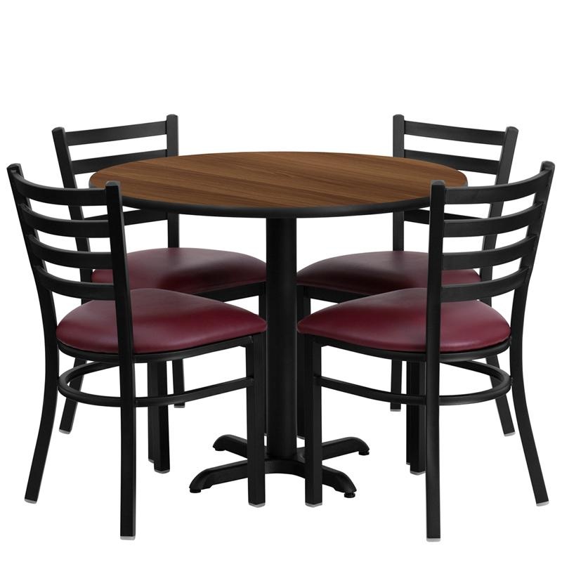 36'' Walnut Table Set With X-Base And 4 Metal Chairs - Burgundy Vinyl Seat