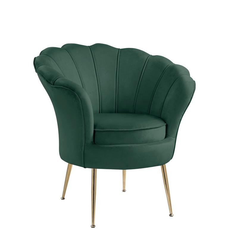 Angelina Green Velvet Scalloped Back Barrel Accent Chair With Metal Legs