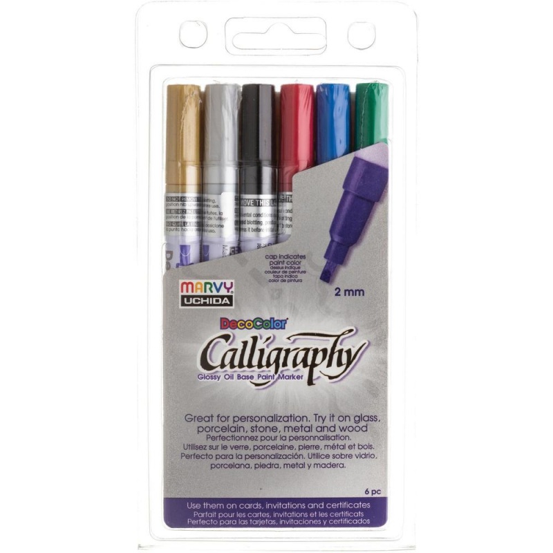 Marvy Decocolor Calligraphy Paint Markers - 2 Mm Marker Point Size - Chisel Marker Point Style - Gold, Silver, Black, Red, Blue, Green Oil Based, Pigment-Based Ink - 6 / Set