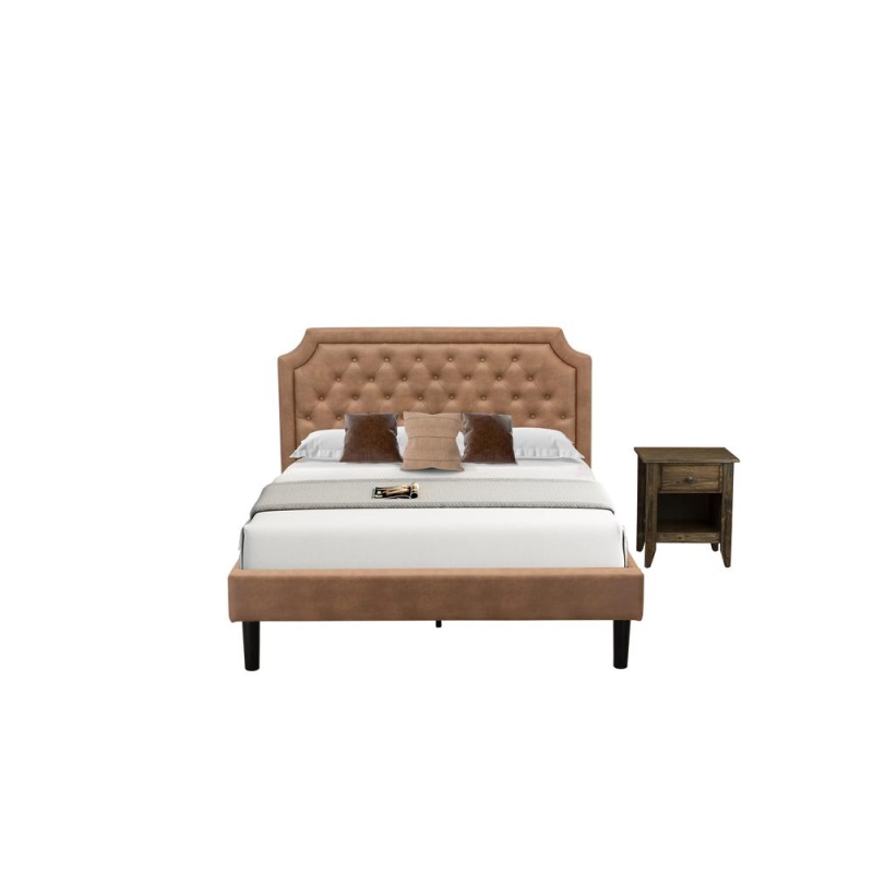 Gb28q-1Ga07 2-Pc Granbury Queen Bed Set With Bed And 1 Distressed Jacobean Bedroom Nightstand - Brown Faux Leather And Black Legs