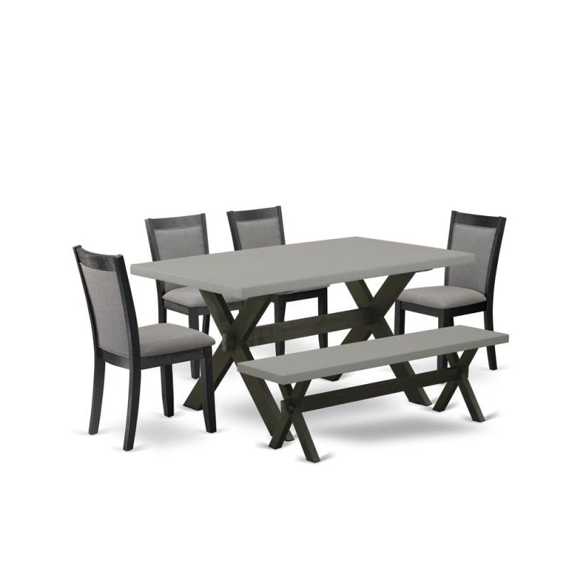 East West Furniture 6 Piece Modern Dining Set - A Cement Top Wood Dining Table With A Bench And 4 Dark Gotham Grey Linen Fabric Upholstered Dining Chairs - Wire Brushed Black Finish
