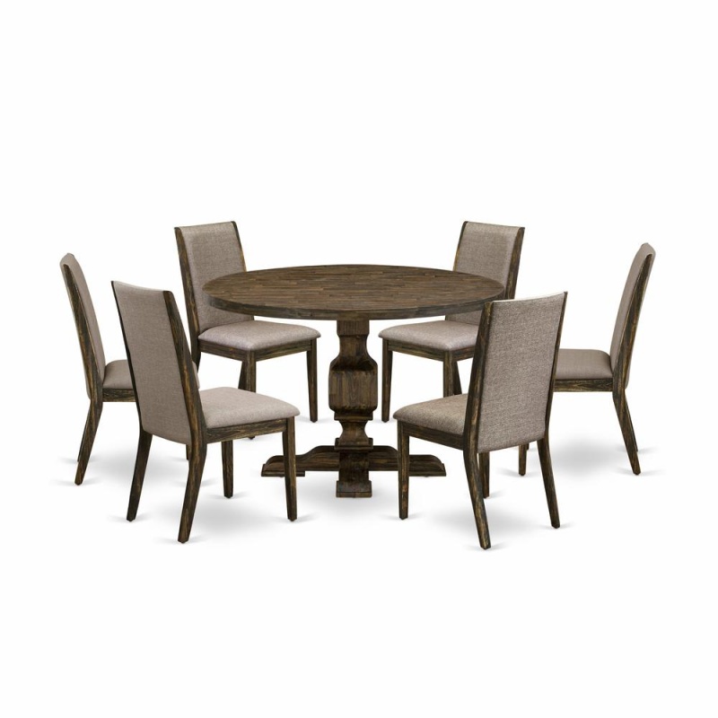 East West Furniture 7 Piece Modern Dining Table Set Contains A Mid Century Dining Table And 6 Dark Khaki Linen Fabric Mid Century Chairs With High Back - Distressed Jacobean Finish