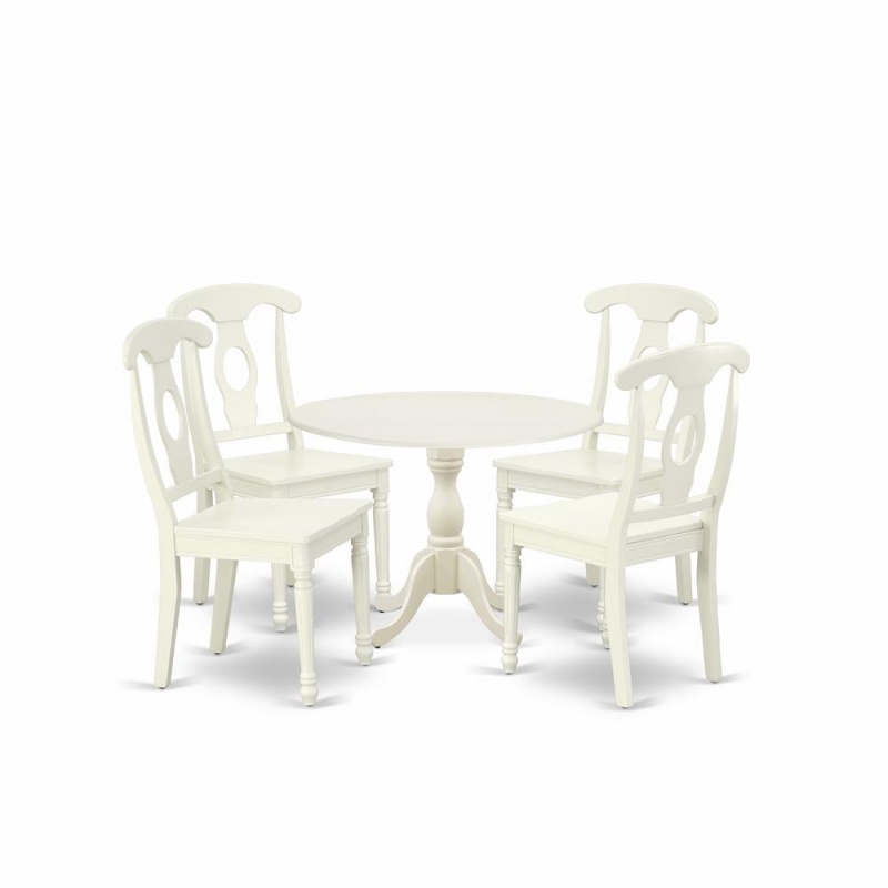 East West Furniture Dmke5-Lwh-W 5 Piece Dining Set Consists Of 1 Drop Leaves Dining Room Table And 4 Linen White Dining Room Chairs With Napoleon Back - Linen White Finish