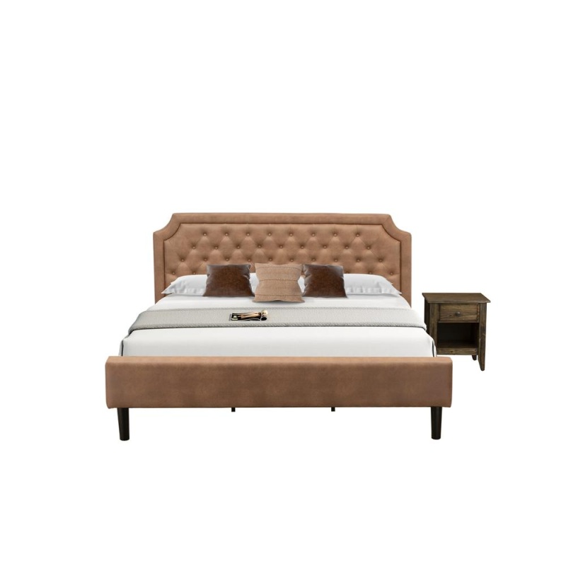 Gb28k-1Ga07 2-Piece Platform Bedroom Set With A King Frame And 1 Distressed Jacobean End Table - Brown Faux Leather And Black Legs