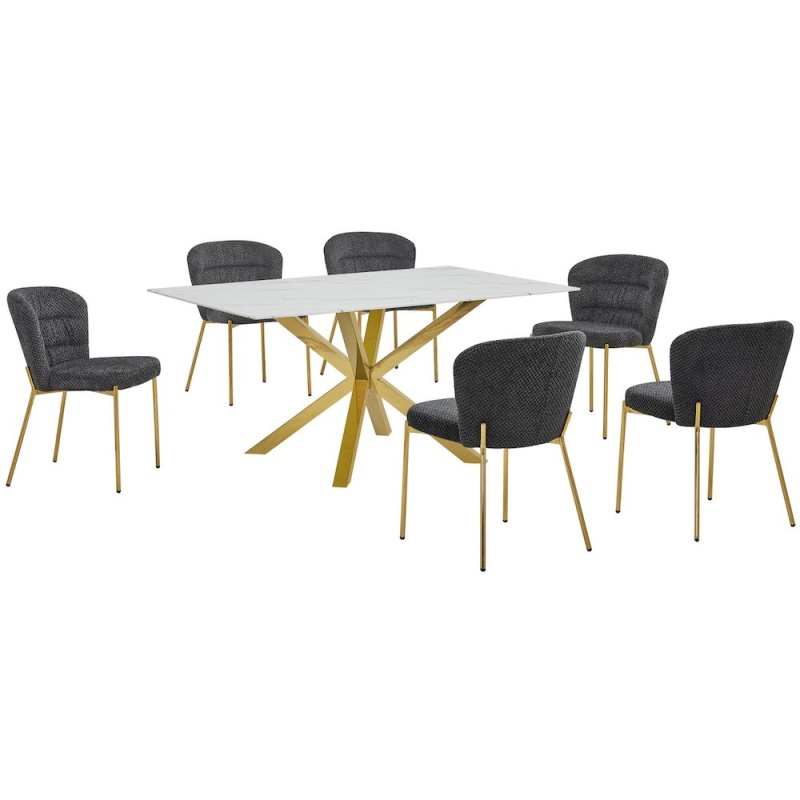Rectangle White Marble Wrap Glass Dining Table with 6 Dark Grey Side Chairs