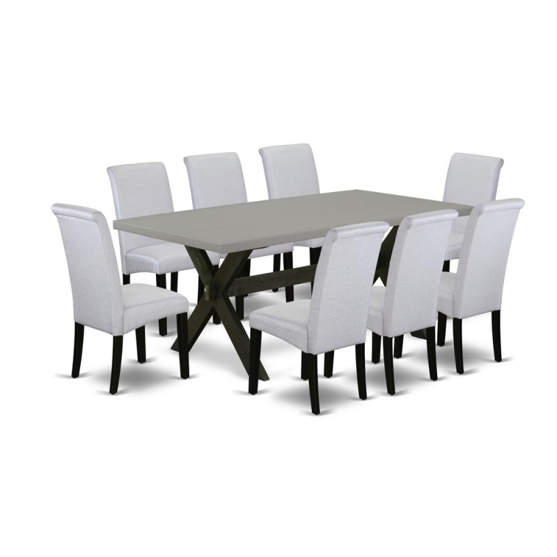 East West Furniture X697ba105-9 9-Pc Dinette Room Set - 8 Mid Century Dining Chairs And 1 Modern Cement Kitchen Dining Table Top With High Roll Chair Back - Wire Brushed Black Finish