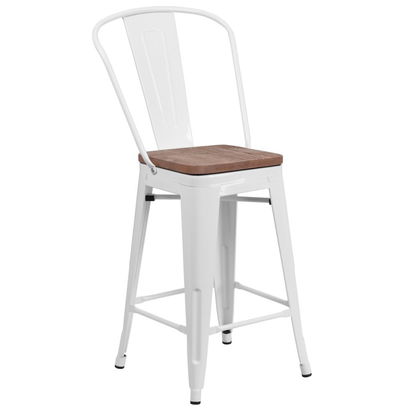 24" High White Metal Counter Height Stool With Back And Wood Seat