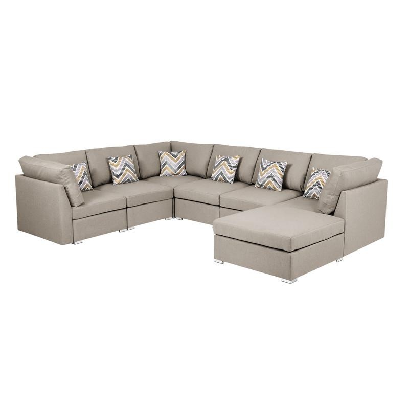 Amira Beige Fabric Reversible Modular Sectional Sofa With Ottoman And Pillows
