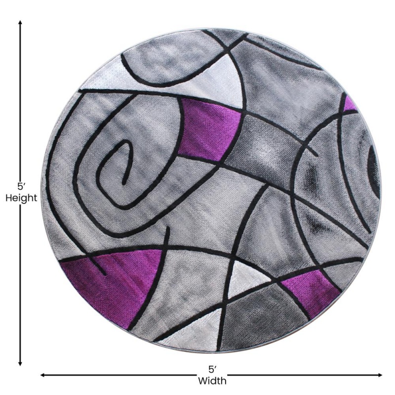 Jubilee Collection 5' X 5' Round Purple Abstract Area Rug - Olefin Rug With Jute Backing - Living Room, Bedroom, Family Room