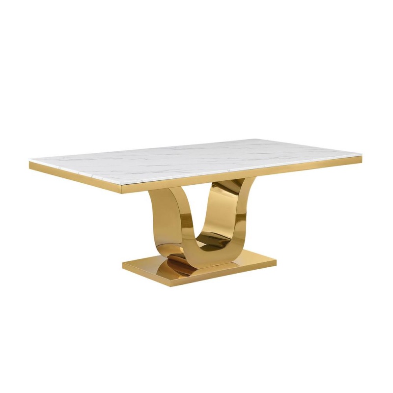 78" Rectangular Marble Dining Table With A Gold Color Stainless Steel Base