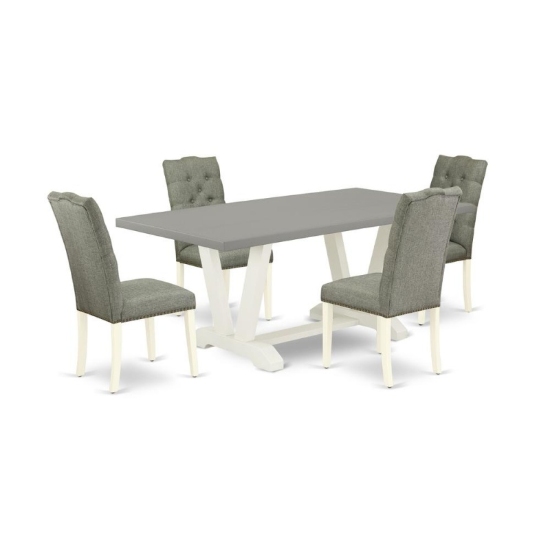 East West Furniture 5-Pc Kitchen Dining Room Set- 4 Dining Chairs With Smoke Linen Fabric Seat And Button Tufted Chair Back - Rectangular Table Top & Wooden Legs - Cement And Linen White Finish