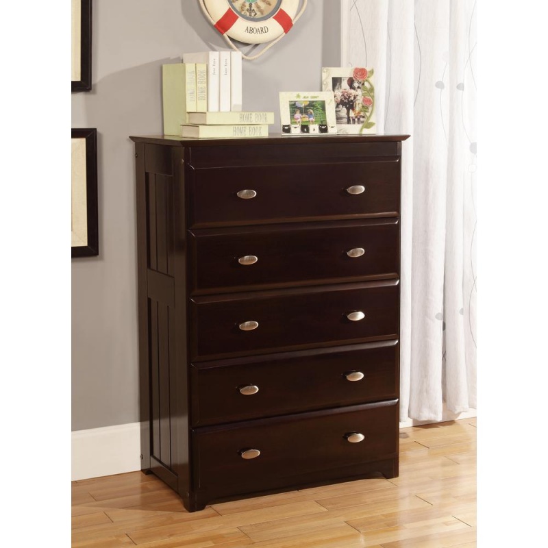 Os Home And Office Furniture Model 82955Kd, Solid Pine Five Drawer Chest In Dark Espresso