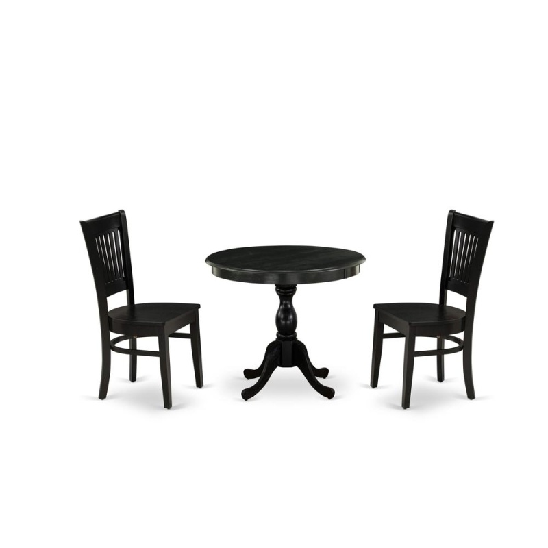 East West Furniture 3-Pc Dinette Room Set- 2 Modern Dining Room Chair And Kitchen Dining Table - Wooden Seat And Slatted Chair Back (Black Finish)