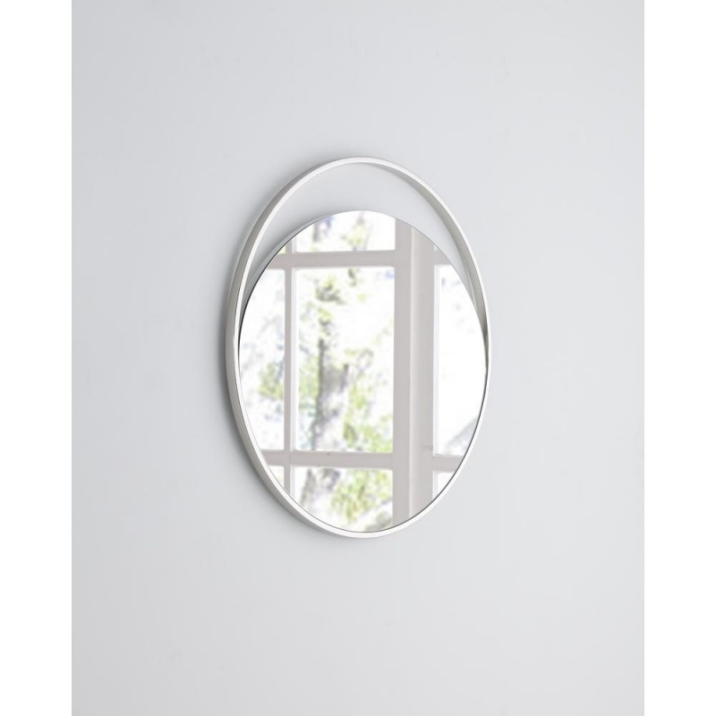Ariel Medium Round Mirror In Matte White. Polished Stainless Steel Frame