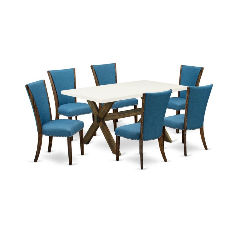 East West Furniture X726ve721-7 7Pc Dinette Sets For Small Spaces Consists Of A Wood Table And 6 Parsons Dining Chairs With Blue Color Linen Fabric, Distressed Jacobean And Linen White Finish