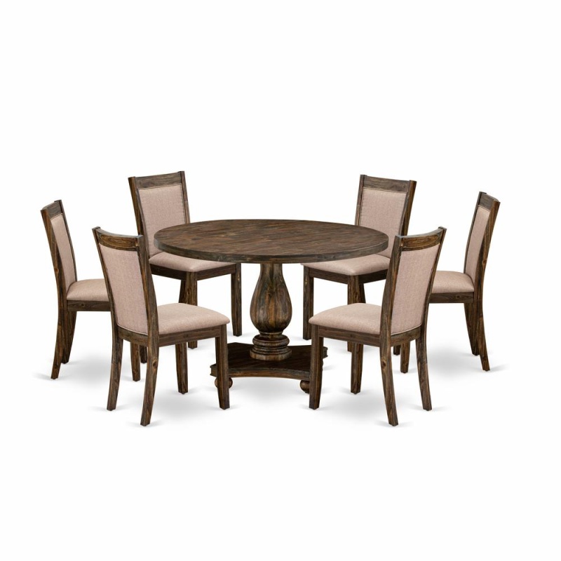 East West Furniture 7 Piece Dining Room Set Includes A Mid Century Dining Table And 6 Dark Khaki Linen Fabric Parson Chairs With High Back - Distressed Jacobean Finish