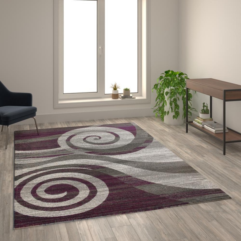 Cirrus Collection 8' X 10' Purple Swirl Patterned Olefin Area Rug With Jute Backing For Entryway, Living Room, Bedroom