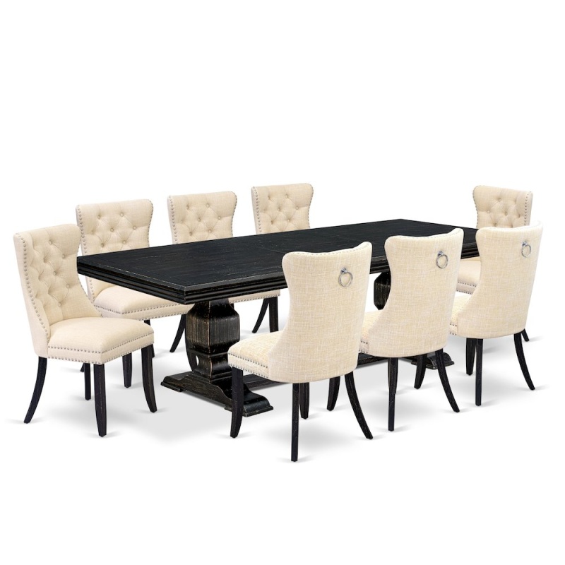 9 Piece Dining Set With Wooden Table And 8 Linen Fabric Chairs