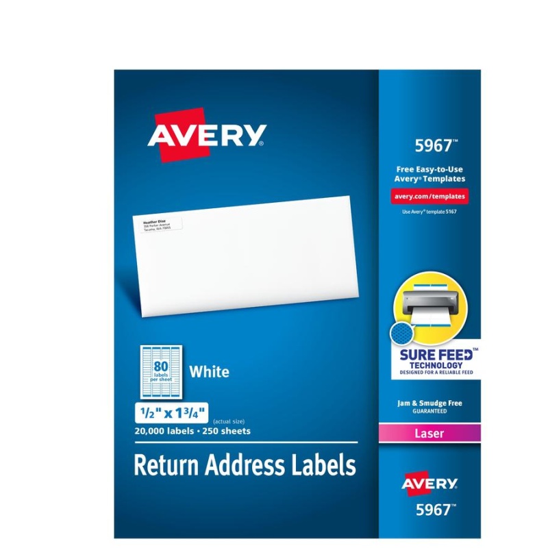 Avery® Easy Peel Mailing Laser Labels - 1/2" Width X 1 3/4" Length - Permanent Adhesive - Rectangle - Laser - White - Paper - 80 / Sheet - 250 Total Sheets - 20000 Total Label(S) - 2