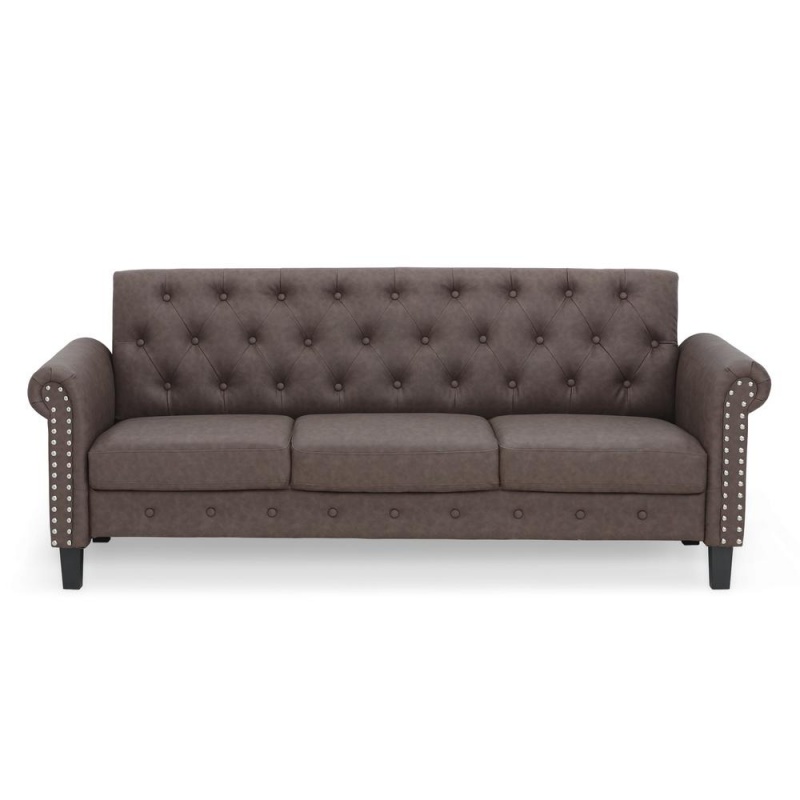 Furinno Bastia Vintage Button Tufted 3-Seater Sofa, Brown Faux Leather