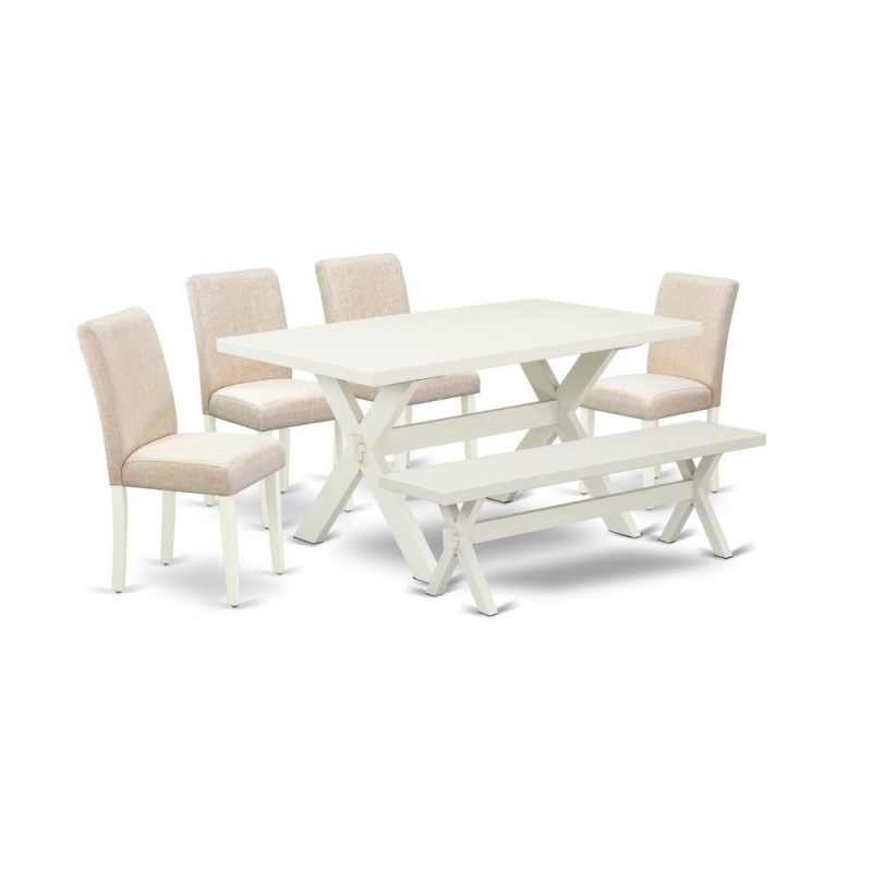 East West Furniture 6-Piece Dinette Table Set-Light Beige Linen Fabric Seat And Stylish Chair Back Kitchen Chairs, A Rectangular Bench And Rectangular Top Dining Room Table With Solid Wood Legs - Line