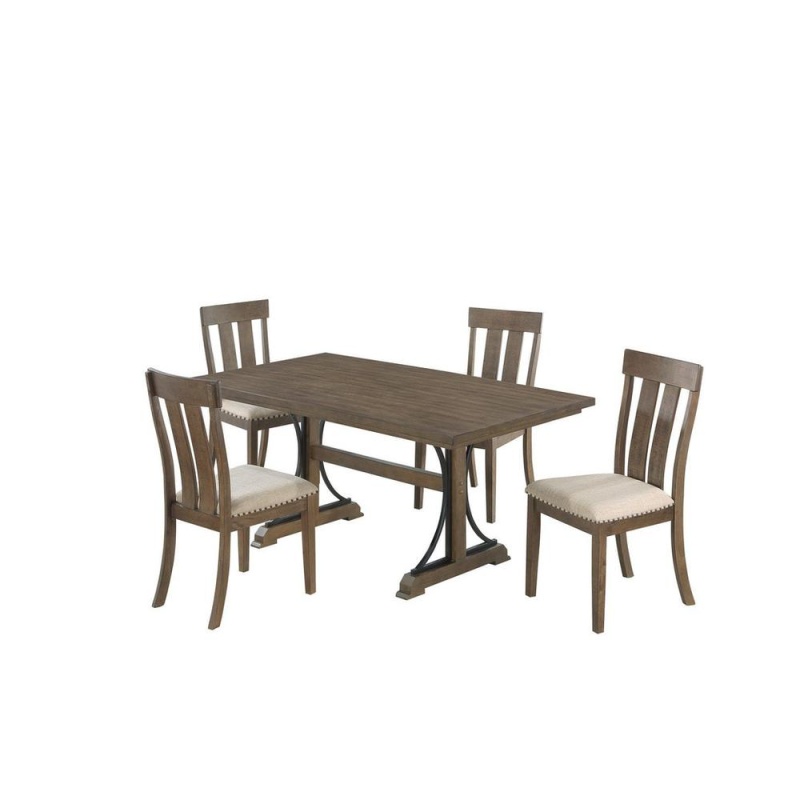 5 Piece Dining Table Set In Brown Oak Color With 4 Side Chairs