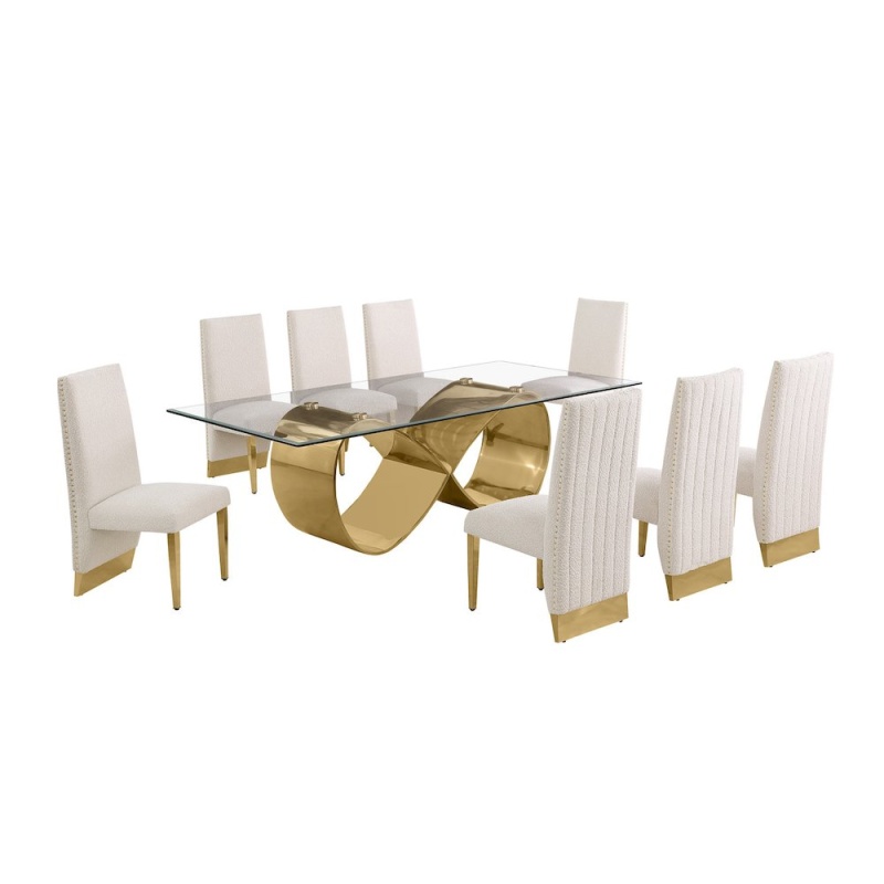 9Pc Tempered Glass Dining Set with 8 Cream Boucle Chairs