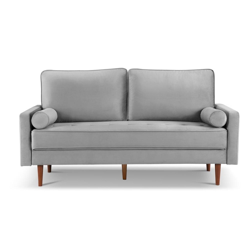 69 Inch Wide Upholstered Two Cushion Sofa With Bolster Pillows In Grey Velvet