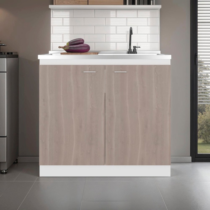 Salento Freestanding Sink with Double Door Cabinet and Two Shelves, White / Ligth Grey