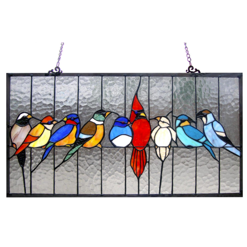 Tiffany-Glass Featuring Birds In The Cage Window Panel 24.5X13