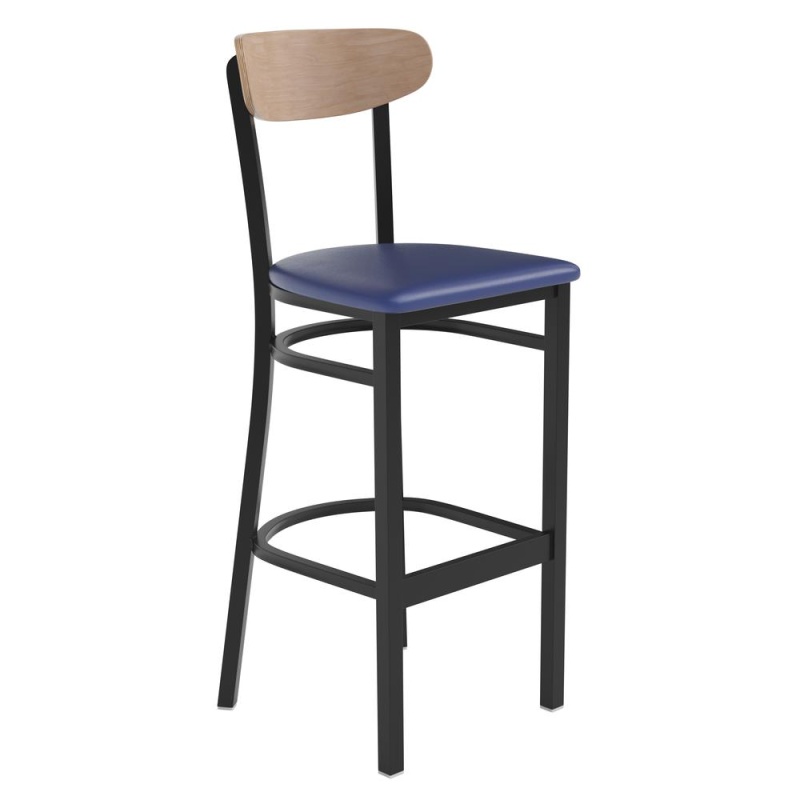 Barstool, Natural Birch Finish Wooden Boomerang Back, And Blue Vinyl Seat