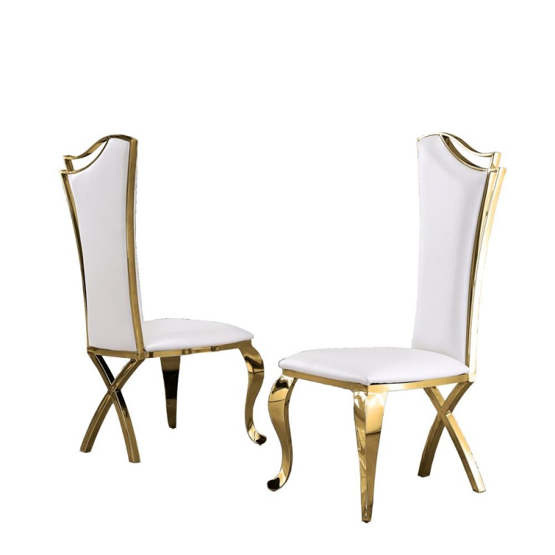 Faux Leather Side Chair Set Of 2, Stainless Steel Gold Legs, White