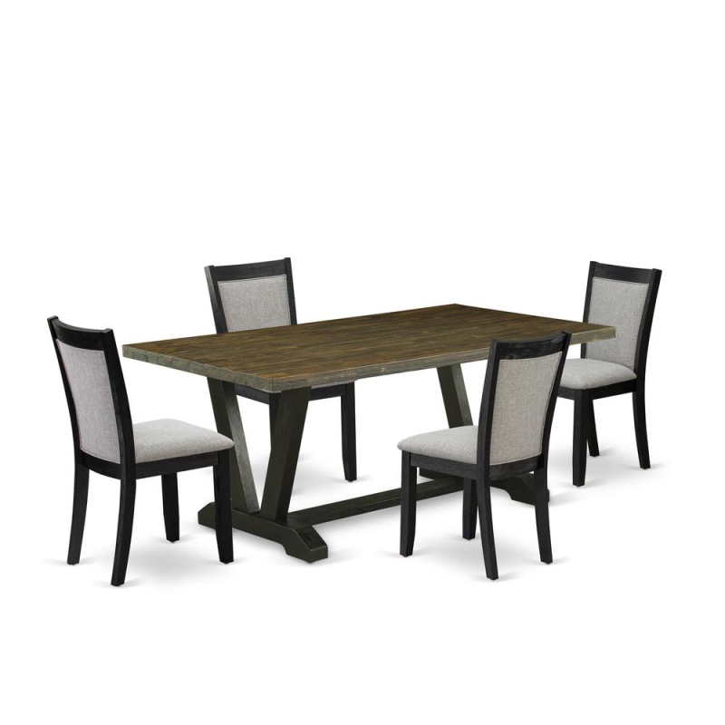 East West Furniture 5 Piece Kitchen Dining Table Set - A Distressed Jacobean Top Wood Table With Trestle Base And 4 Shitake Linen Fabric Modern Dining Chairs - Wire Brushed Black Finish