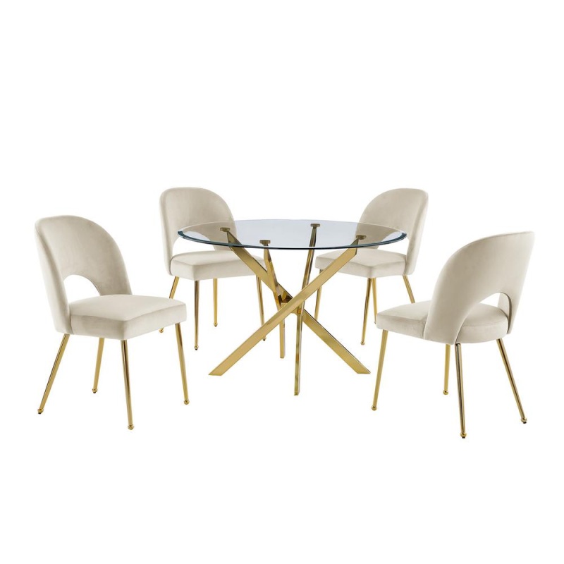 5Pc Round Tempered Glass Dining Set with 4 Cream Velvet Chairs