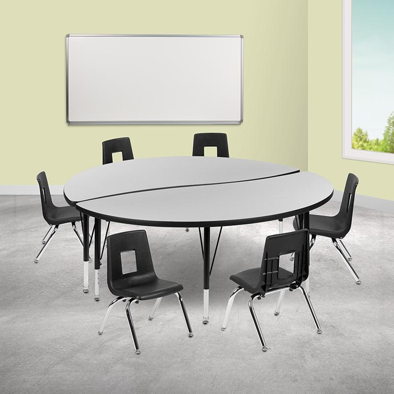60" Circle Wave Collaborative Laminate Activity Table Set With 12" Student Stack Chairs, Grey/Black