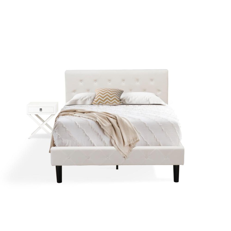 Nl19f-1Ha05 2 Piece Bedroom Set - 1 Full Bed White Velvet Fabric Headboard And 1 Wood Night Stand - White Finish Nightstand