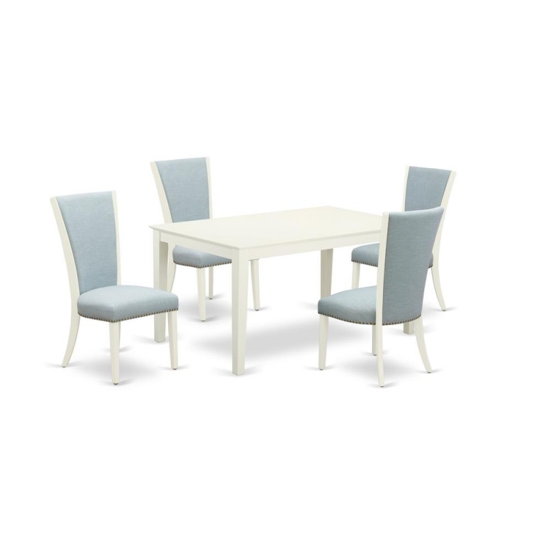 East-West Furniture Cave5-Lwh-15 - A Wooden Dining Table Set Of 4 Amazing Indoor Dining Chairs With Linen Fabric Baby Blue Color And A Lovely Mid-Century Dining Table With Linen White Color