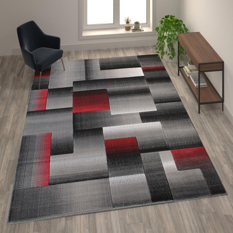 Elio Collection 8' X 10' Red Color Blocked Area Rug - Olefin Rug With Jute Backing - Entryway, Living Room, Or Bedroom