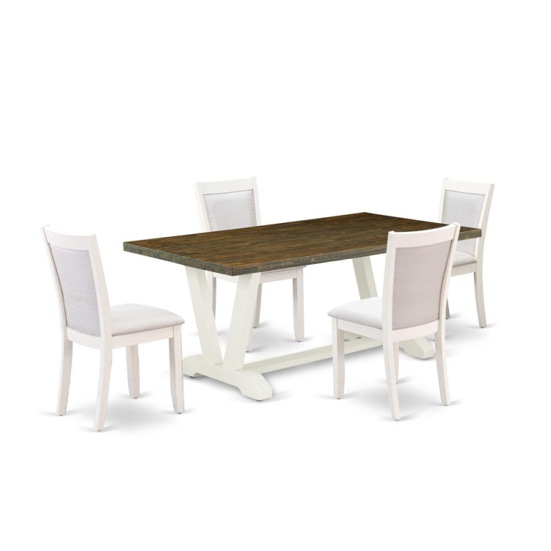 East West Furniture 5-Pc Dinner Table Set Contains A Rectangular Table And 4 Cream Linen Fabric Dining Chairs With Stylish Back - Wire Brushed Linen White Finish