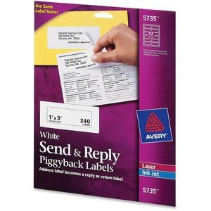 Avery® Send & Reply Piggyback Labels - 1" Width X 3" Length - Permanent Adhesive - Rectangle - Laser, Inkjet - White - Paper - 12 / Sheet - 20 Total Sheets - 240 Total Label(S) - 240 / Pack