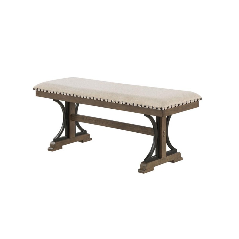 Upholstered Dining Bench In Brown Oak And Beige Fabric