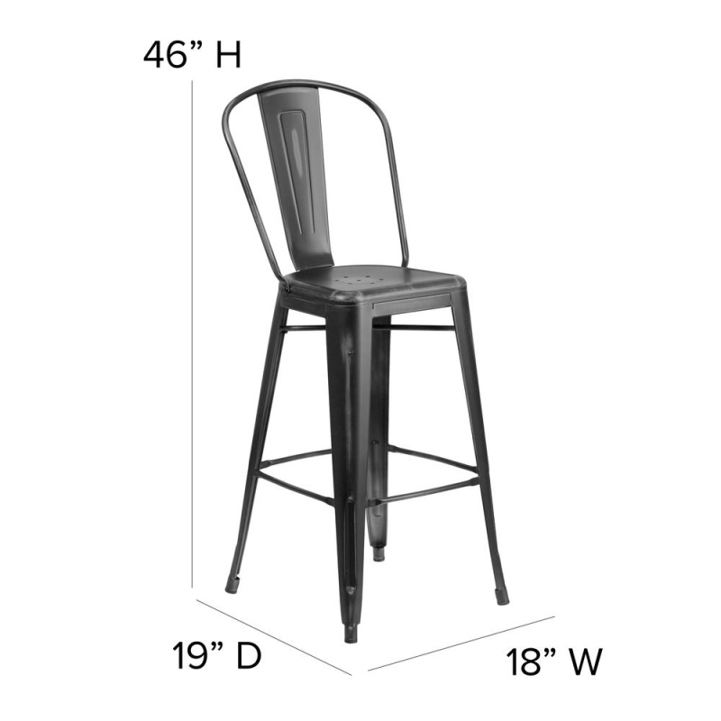 Carly Commercial Grade 30" High Black Metal Indoor-Outdoor Barstool With Back With Black Poly Resin Wood Seat