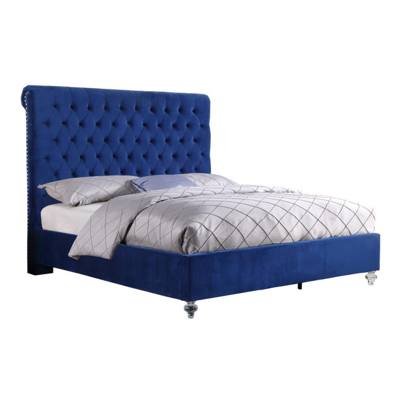Navy Blue Velvet Uph. Panel Bed With Acrylic Feet - Cal. King
