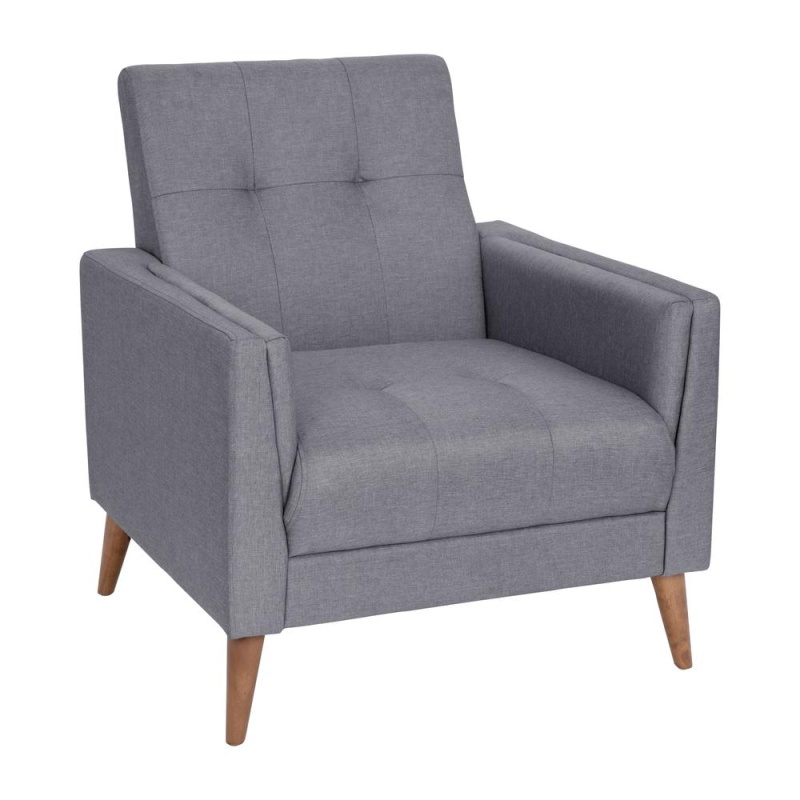 Conrad Mid-Century Modern Commercial Grade Armchair With Tufted Faux Linen Upholstery & Solid Wood Legs In Slate Gray
