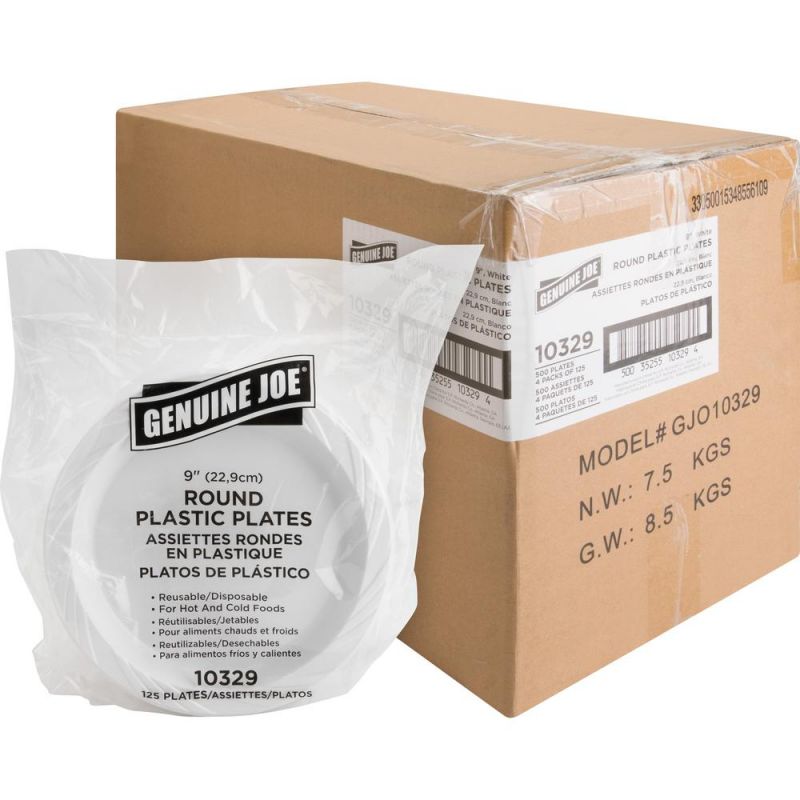 Genuine Joe Reusable Plastic White Plates 125 / Pack 9" Diameter