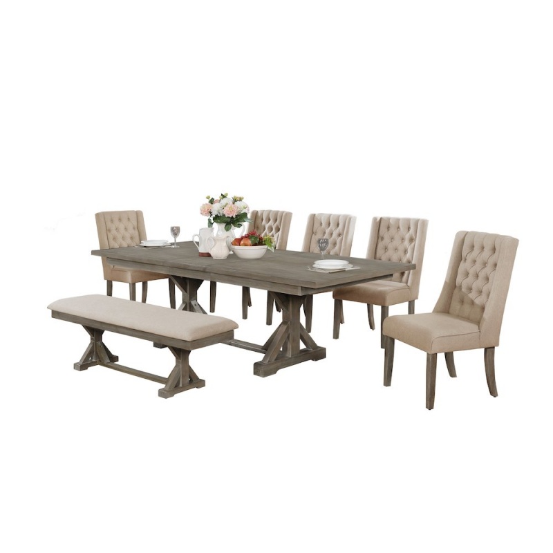 Classic Extension Dining 7 Piece Set W/18"Center Leaf, Bench & 5 Tufted Chairs In Beige Linen
