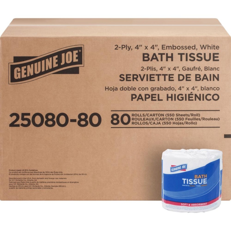 Genuine Joe Embossed Roll Bath Tissue - 2 Ply - 4" X 4" - 550 Sheets/Roll - White - Soft, Absorbent, Perforated - For Restroom - 80 / Carton