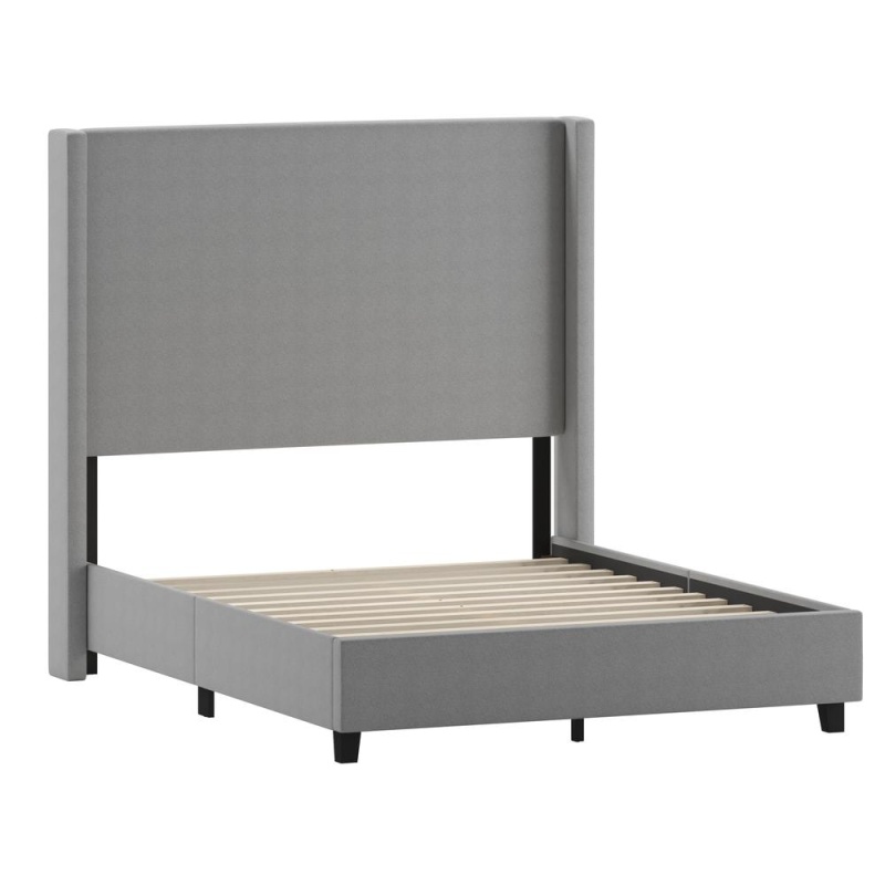 Full Upholstered Platform Bed With Channel Stitched Wingback Headboard, Gray