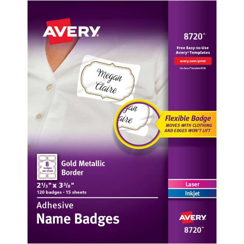 Avery® Self-Adhesive Removable Name Tag Labels With Gold Metallic Border - 120 / Pack - 2.33" Holding Width X 3.38" Holding Height - Rectangular Shape - Flexible, Self-Adhesive, Removable, Printab