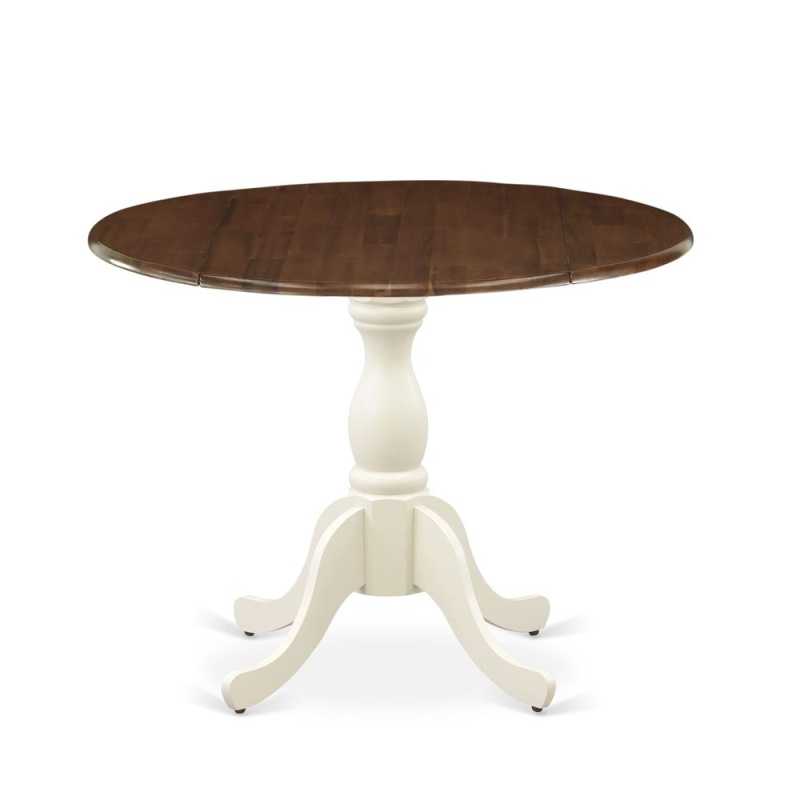 East West Furniture Kitchen Table With Drop Leaf - Walnut Table Top And Linen White Pedestal Leg Finish